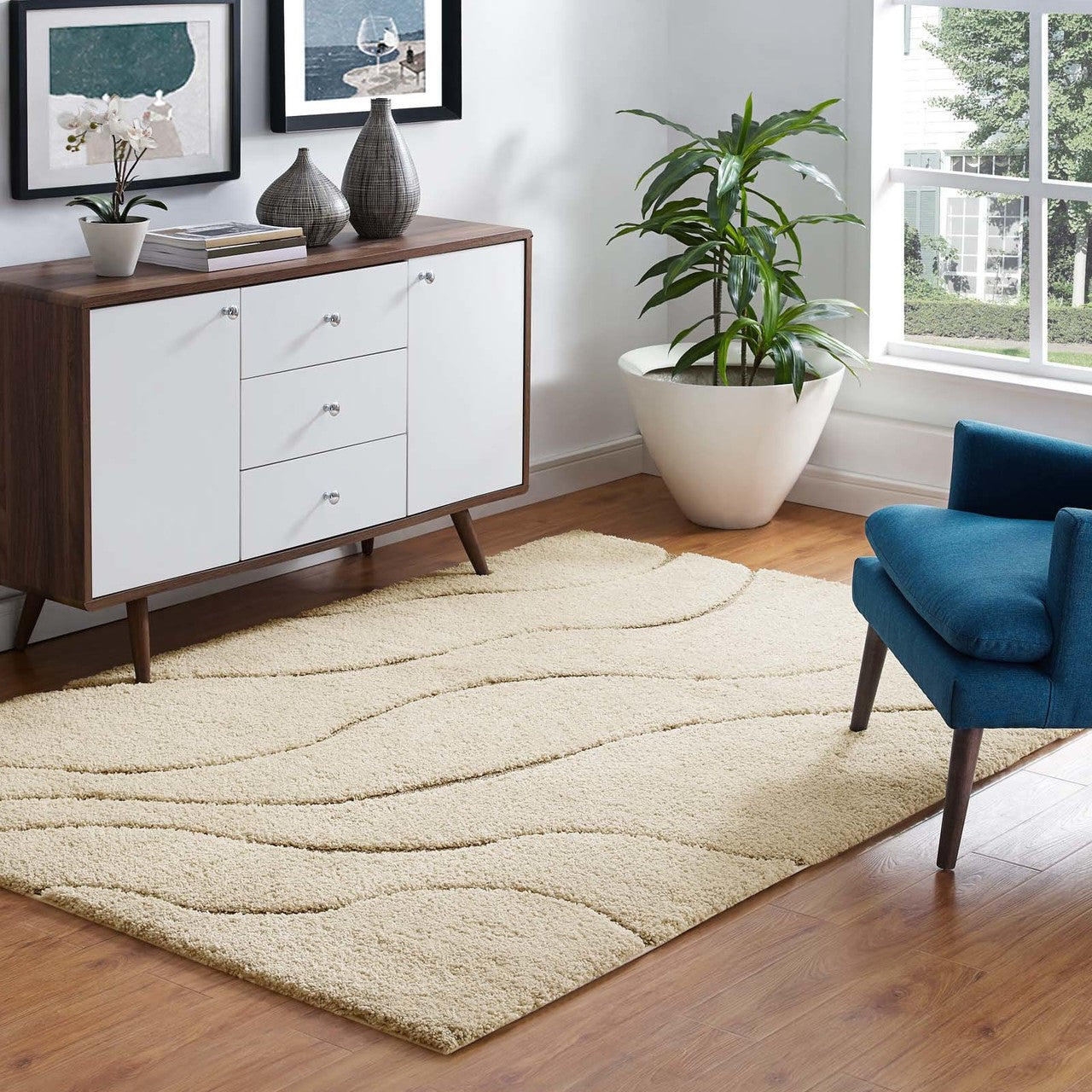 Abound Abstract Swirl 5x8 Shag Area Rug, Fabric, Multi Beige 15005