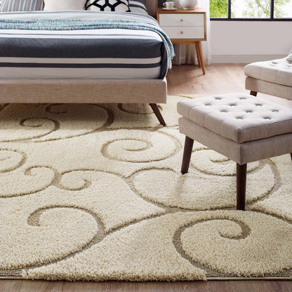 Burgeon Scrolling Vine 5x8 Shag Area Rug, Fabric, Multi Beige 15007