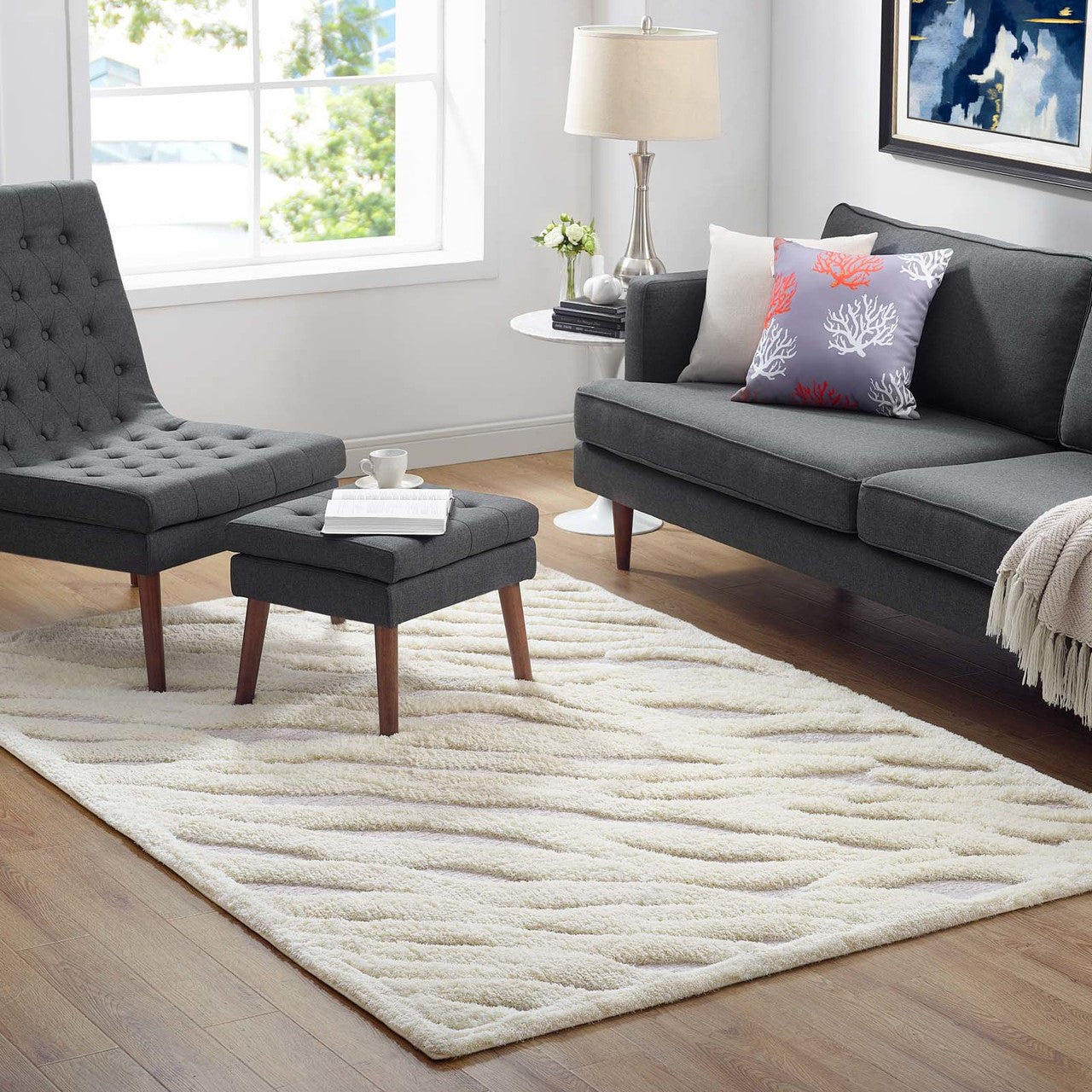Current Abstract Wavy Striped 5x8 Shag Area Rug, Fabric, Multi Grey Gray 15015