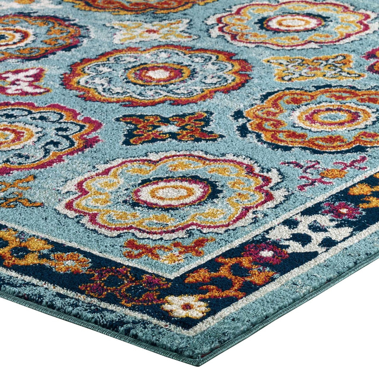 Entourage Odile Transitional Distressed Vintage Floral Moroccan Trellis 5x8 Area Rug, Fabric, Multi Blue 15623