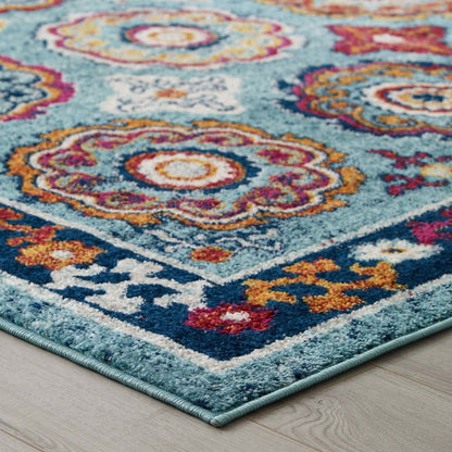 Entourage Odile Transitional Distressed Vintage Floral Moroccan Trellis 5x8 Area Rug, Fabric, Multi Blue 15623