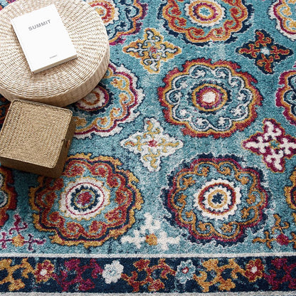 Entourage Odile Transitional Distressed Vintage Floral Moroccan Trellis 5x8 Area Rug, Fabric, Multi Blue 15623
