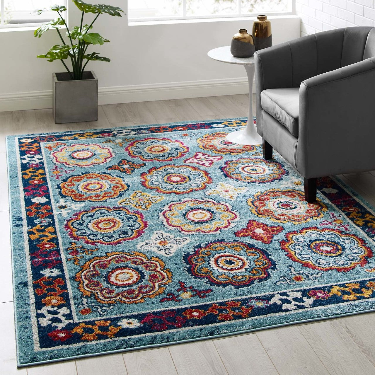 Entourage Odile Transitional Distressed Vintage Floral Moroccan Trellis 5x8 Area Rug, Fabric, Multi Blue 15623
