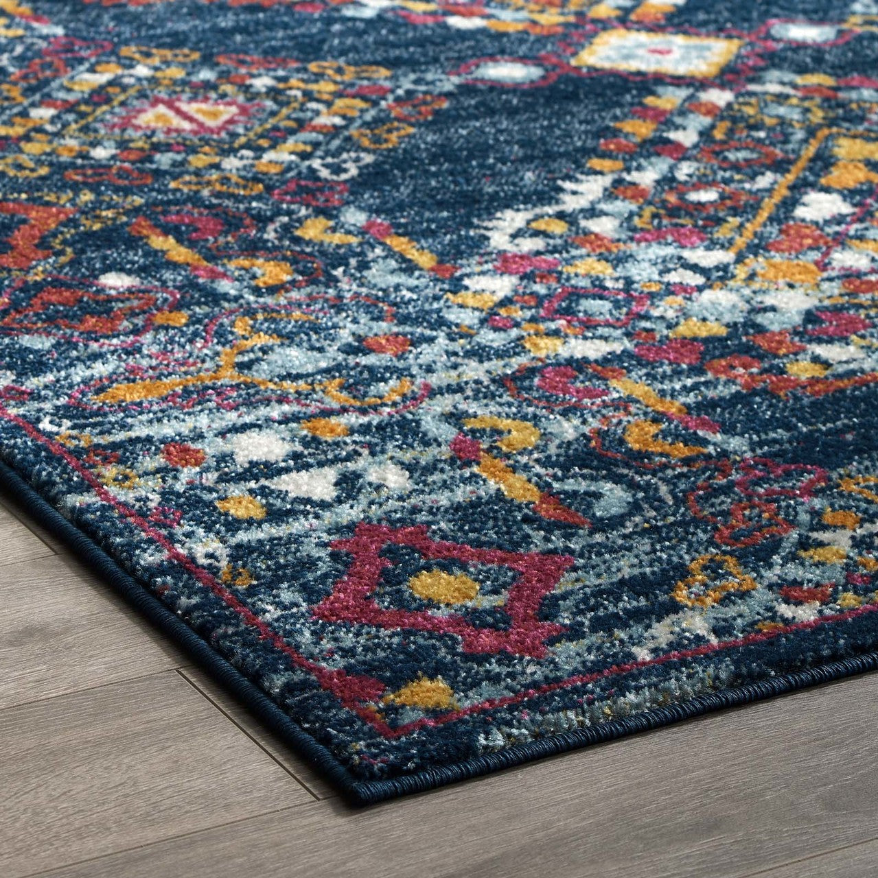 Entourage Khalida Distressed Vintage Floral Lattice 5x8 Area Rug, Fabric, Multi Blue 15629