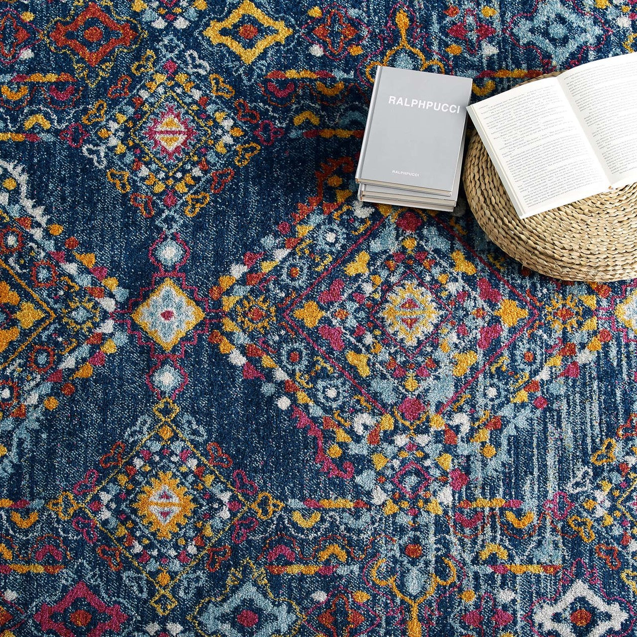 Entourage Khalida Distressed Vintage Floral Lattice 5x8 Area Rug, Fabric, Multi Blue 15629