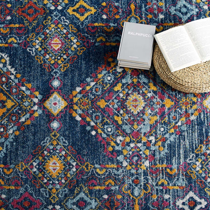 Entourage Khalida Distressed Vintage Floral Lattice 5x8 Area Rug, Fabric, Multi Blue 15629