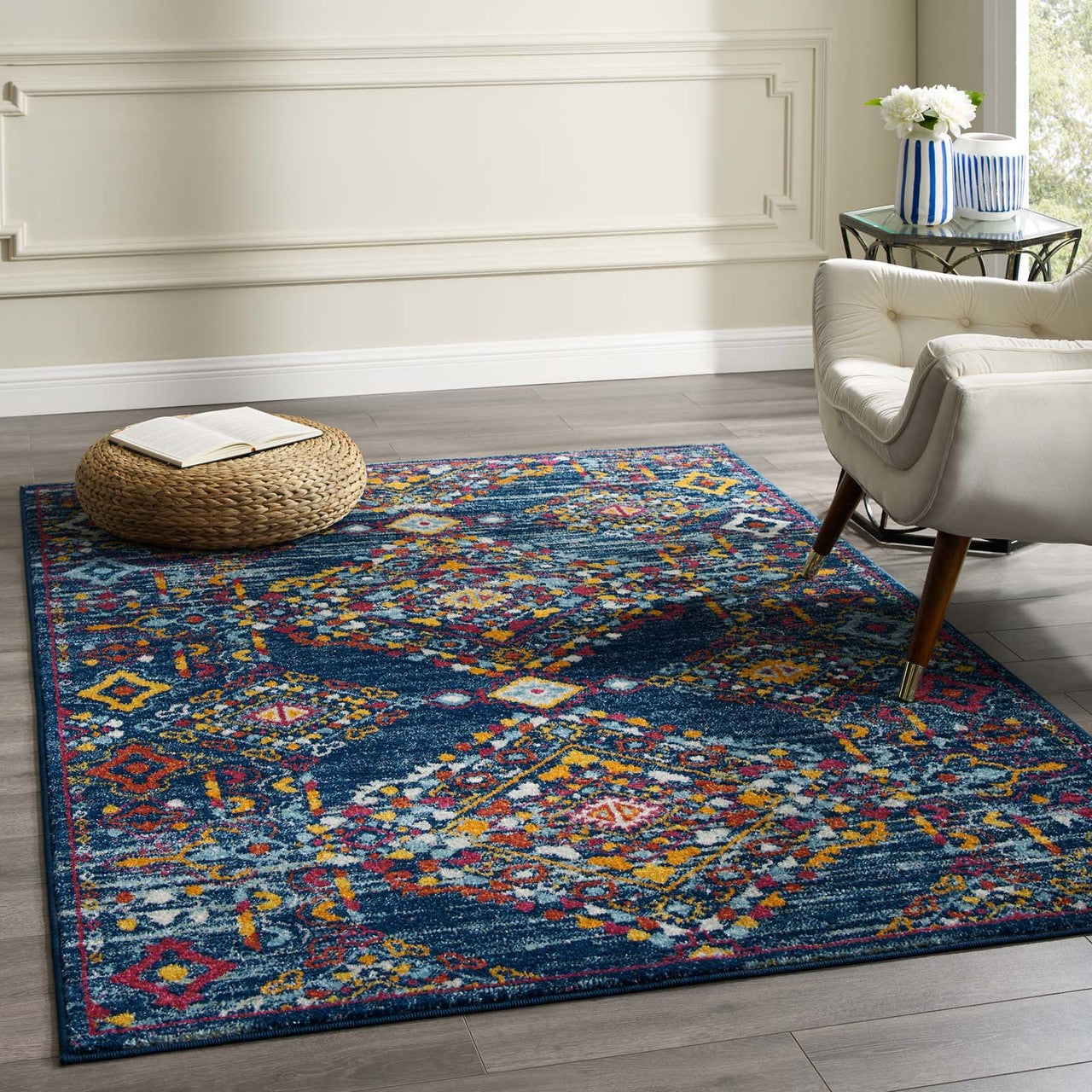 Entourage Khalida Distressed Vintage Floral Lattice 5x8 Area Rug, Fabric, Multi Blue 15629