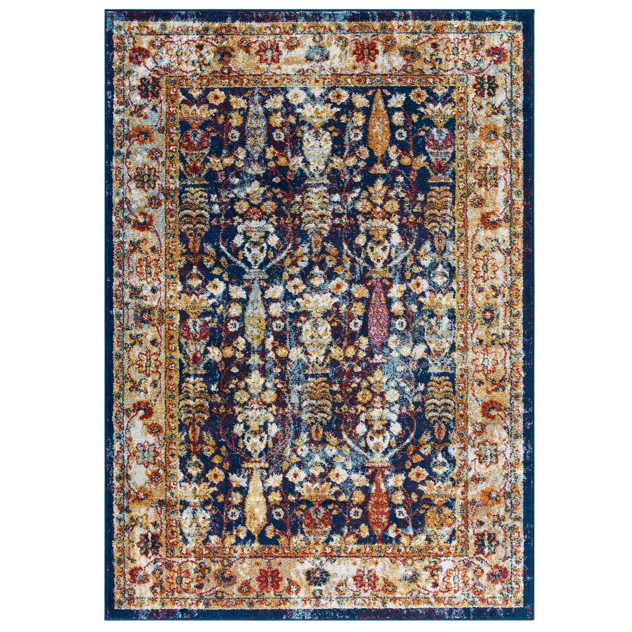 Entourage Jessa Distressed Vintage Floral Lattice 5x8 Area Rug, Fabric, Multi Blue 15633