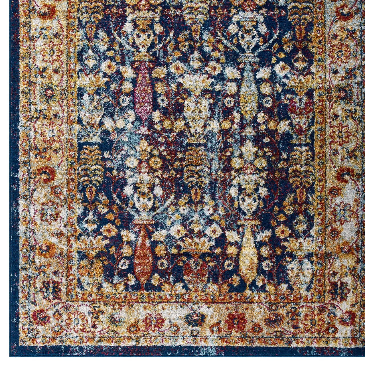 Entourage Jessa Distressed Vintage Floral Lattice 5x8 Area Rug, Fabric, Multi Blue 15633