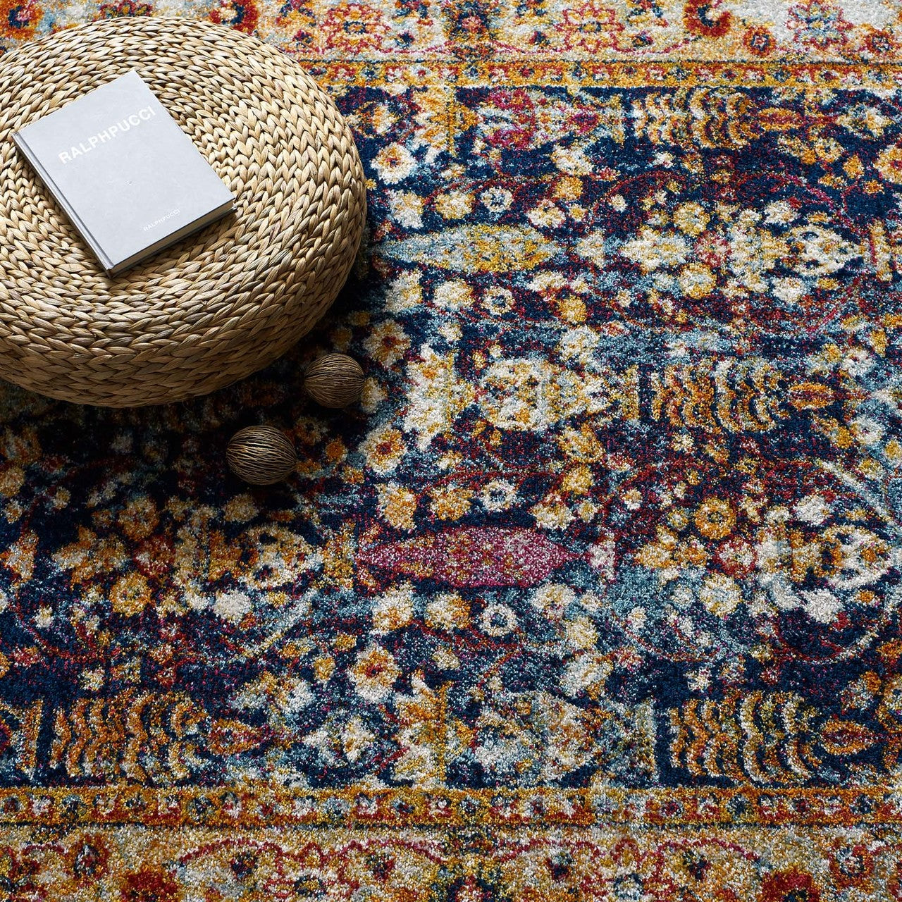 Entourage Jessa Distressed Vintage Floral Lattice 5x8 Area Rug, Fabric, Multi Blue 15633