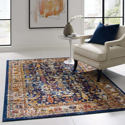 Entourage Jessa Distressed Vintage Floral Lattice 5x8 Area Rug, Fabric, Multi Blue 15633