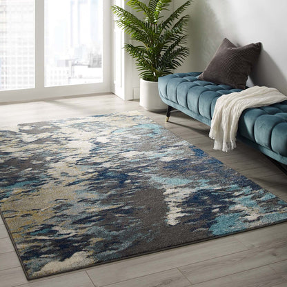 Entourage Foliage Contemporary Modern Abstract 5x8 Area Rug, Fabric, Multi Blue 15639