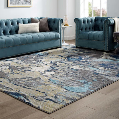 Entourage Foliage Contemporary Modern Abstract 8x10 Area Rug, Fabric, Multi Blue 15640