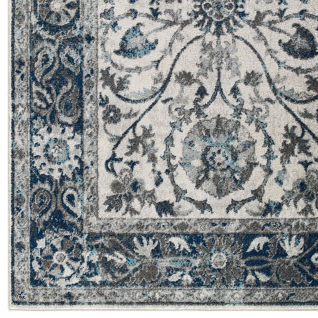 Entourage Samira Distressed Vintage Floral Persian Medallion 5x8 Area Rug, Fabric, Blue Ivory White 15647