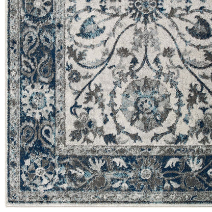 Entourage Samira Distressed Vintage Floral Persian Medallion 5x8 Area Rug, Fabric, Blue Ivory White 15647