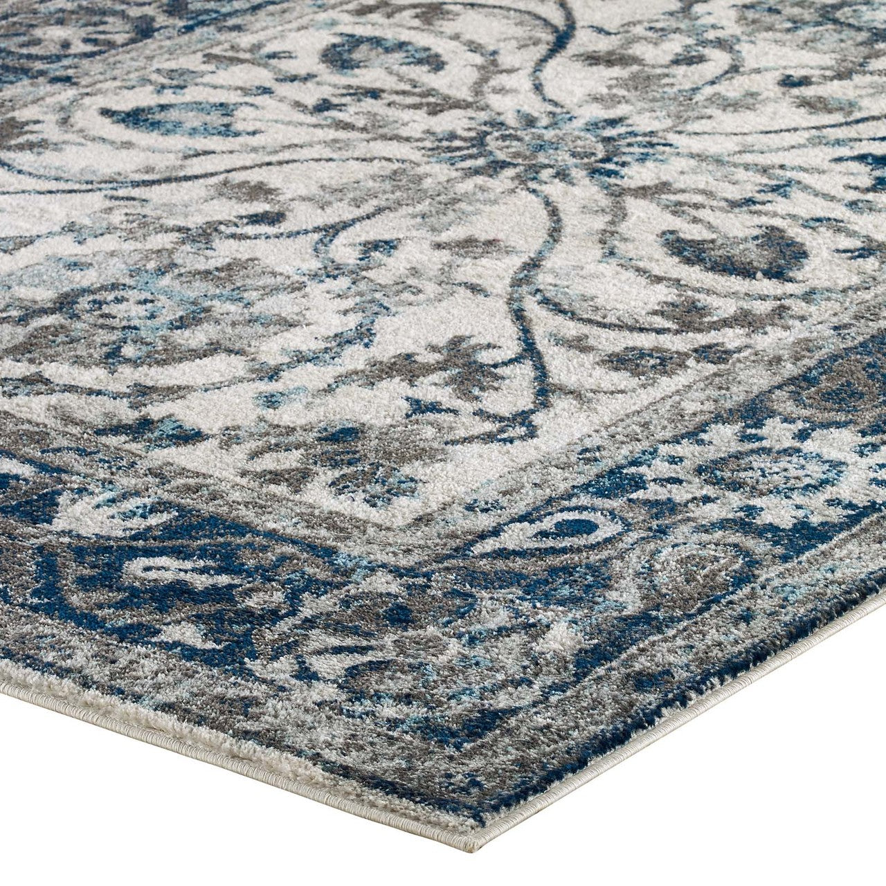 Entourage Samira Distressed Vintage Floral Persian Medallion 5x8 Area Rug, Fabric, Blue Ivory White 15647