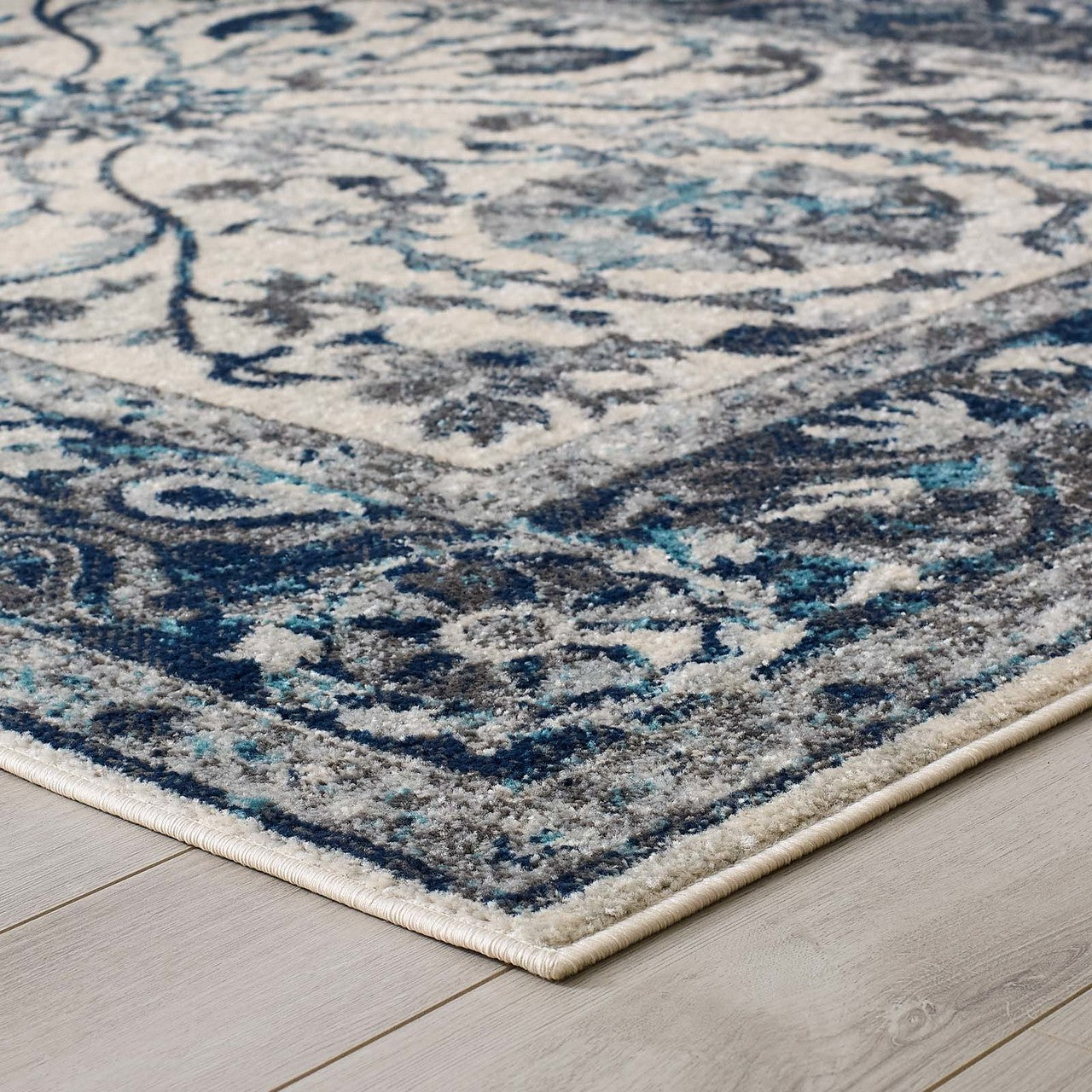 Entourage Samira Distressed Vintage Floral Persian Medallion 5x8 Area Rug, Fabric, Blue Ivory White 15647