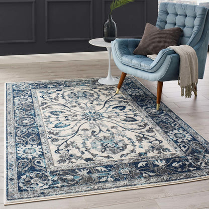 Entourage Samira Distressed Vintage Floral Persian Medallion 5x8 Area Rug, Fabric, Blue Ivory White 15647