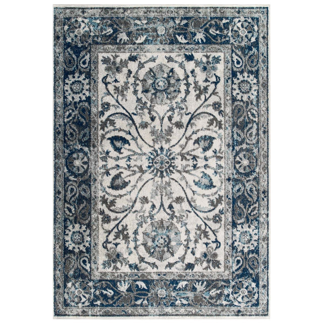 Entourage Samira Distressed Vintage Floral Persian Medallion 8x10 Area Rug, Fabric, Blue Ivory White 15648