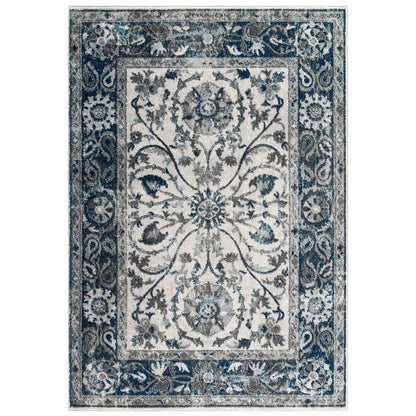 Entourage Samira Distressed Vintage Floral Persian Medallion 8x10 Area Rug, Fabric, Blue Ivory White 15648