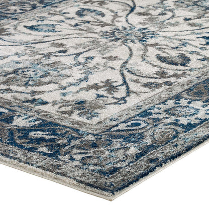 Entourage Samira Distressed Vintage Floral Persian Medallion 8x10 Area Rug, Fabric, Blue Ivory White 15648