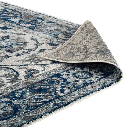Entourage Samira Distressed Vintage Floral Persian Medallion 8x10 Area Rug, Fabric, Blue Ivory White 15648