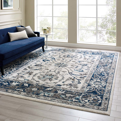 Entourage Samira Distressed Vintage Floral Persian Medallion 8x10 Area Rug, Fabric, Blue Ivory White 15648