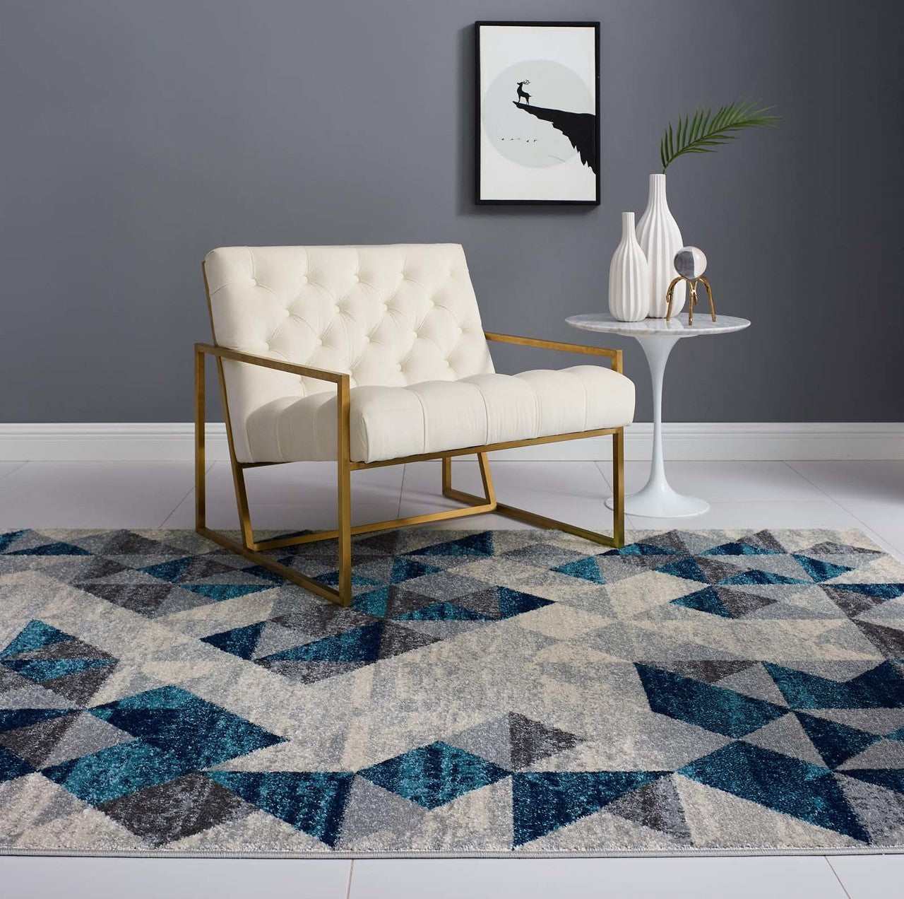 Entourage Elettra Distressed Geometric Triangle Mosaic 5x8 Area Rug, Fabric, Multi Blue 15655