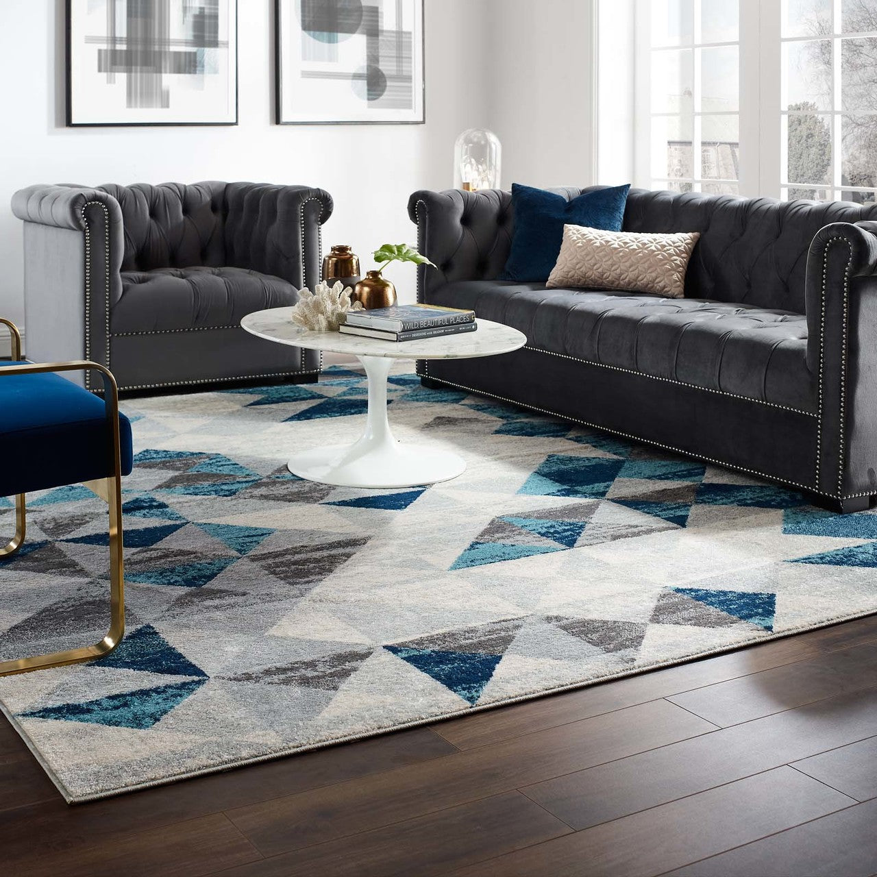 Entourage Elettra Distressed Geometric Triangle Mosaic 8x10 Area Rug, Fabric, Multi Blue 15656