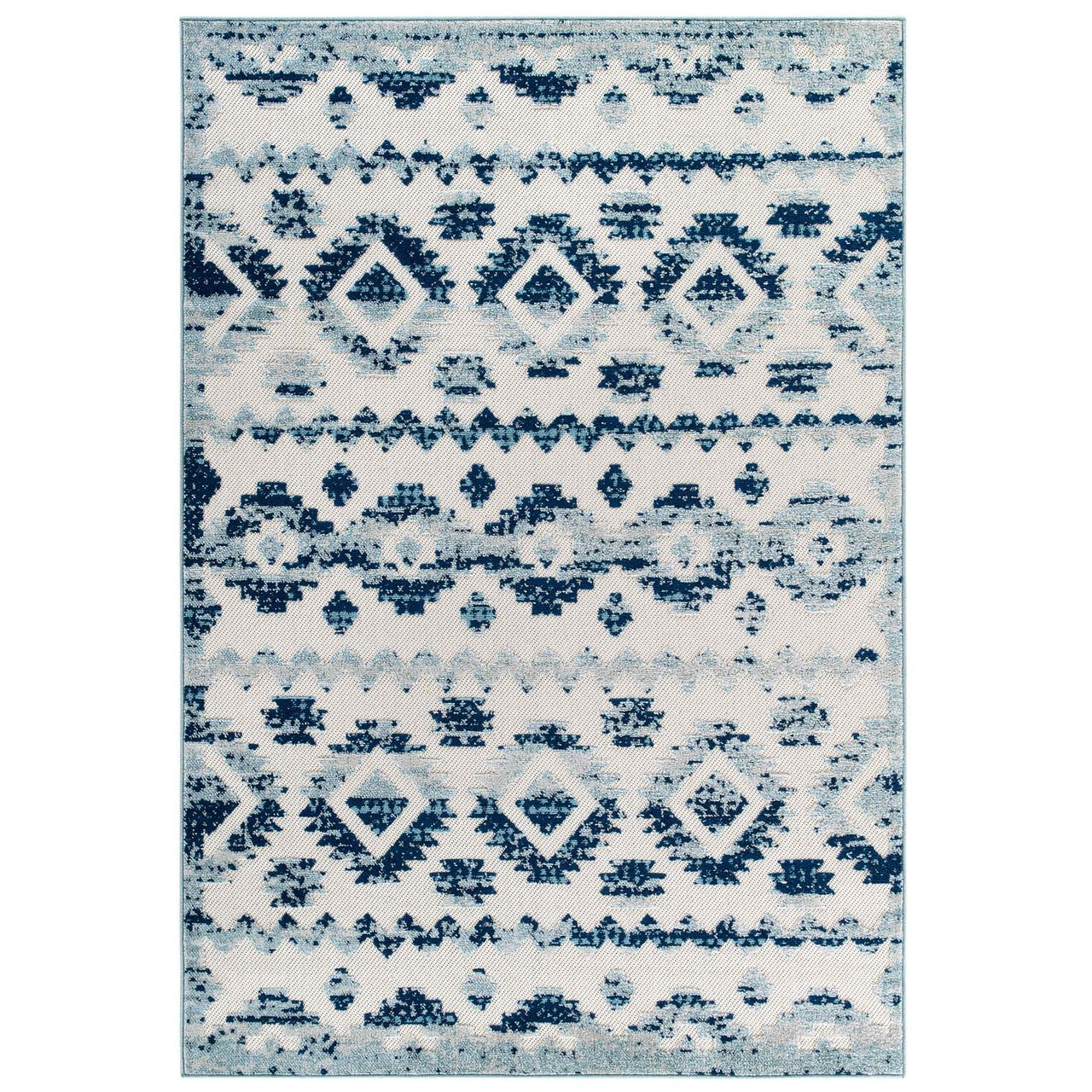 Reflect Takara Distressed Contemporary Abstract Diamond Moroccan Trellis 5x8 Indoor and Outdoor Area Rug, Fabric, Blue Ivory White 15919