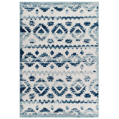 Reflect Takara Distressed Contemporary Abstract Diamond Moroccan Trellis 5x8 Indoor and Outdoor Area Rug, Fabric, Blue Ivory White 15919