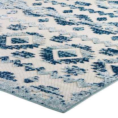 Reflect Takara Distressed Contemporary Abstract Diamond Moroccan Trellis 5x8 Indoor and Outdoor Area Rug, Fabric, Blue Ivory White 15919