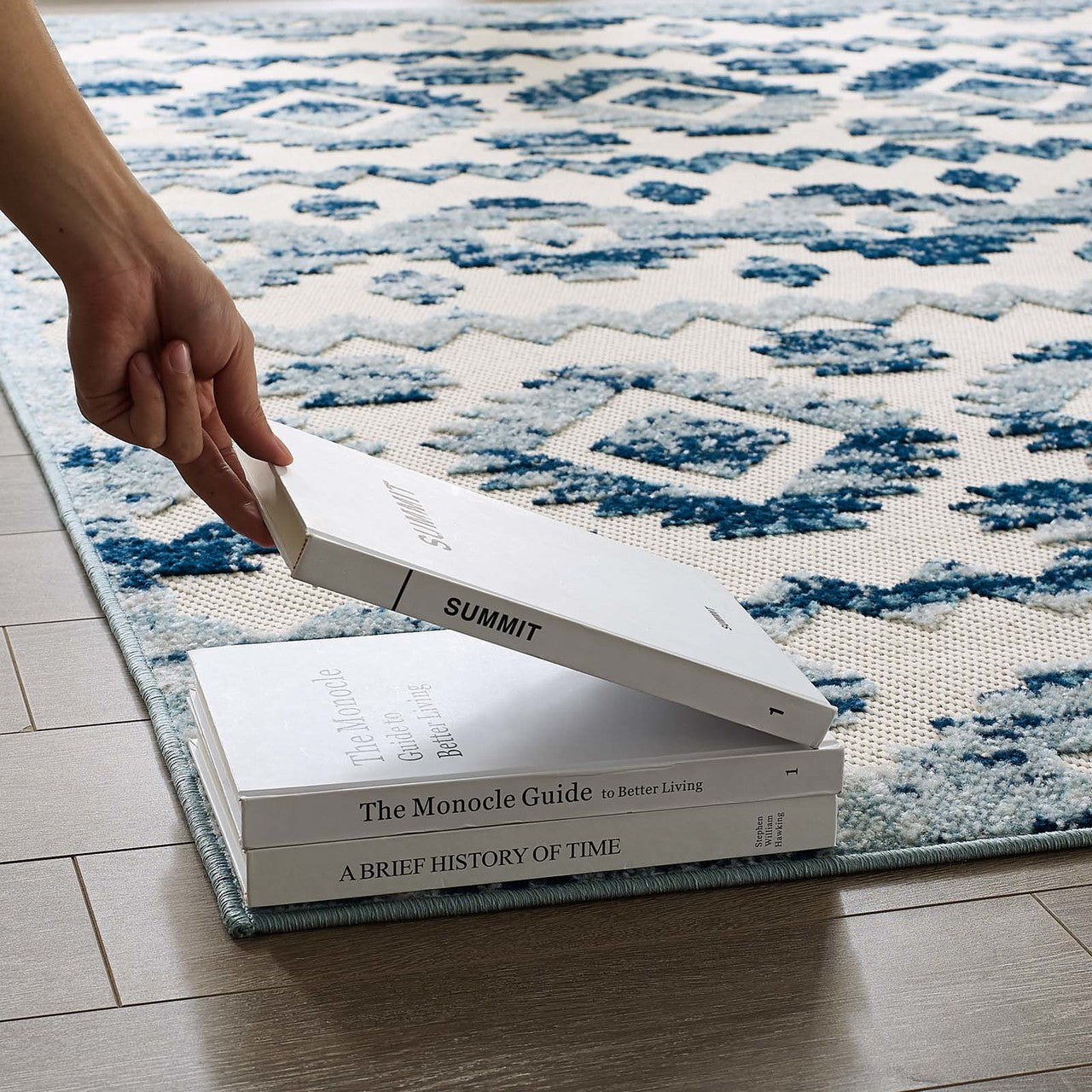 Reflect Takara Distressed Contemporary Abstract Diamond Moroccan Trellis 5x8 Indoor and Outdoor Area Rug, Fabric, Blue Ivory White 15919