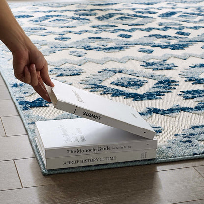 Reflect Takara Distressed Contemporary Abstract Diamond Moroccan Trellis 5x8 Indoor and Outdoor Area Rug, Fabric, Blue Ivory White 15919