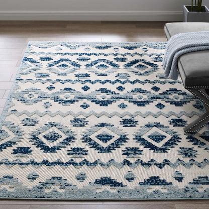 Reflect Takara Distressed Contemporary Abstract Diamond Moroccan Trellis 5x8 Indoor and Outdoor Area Rug, Fabric, Blue Ivory White 15919