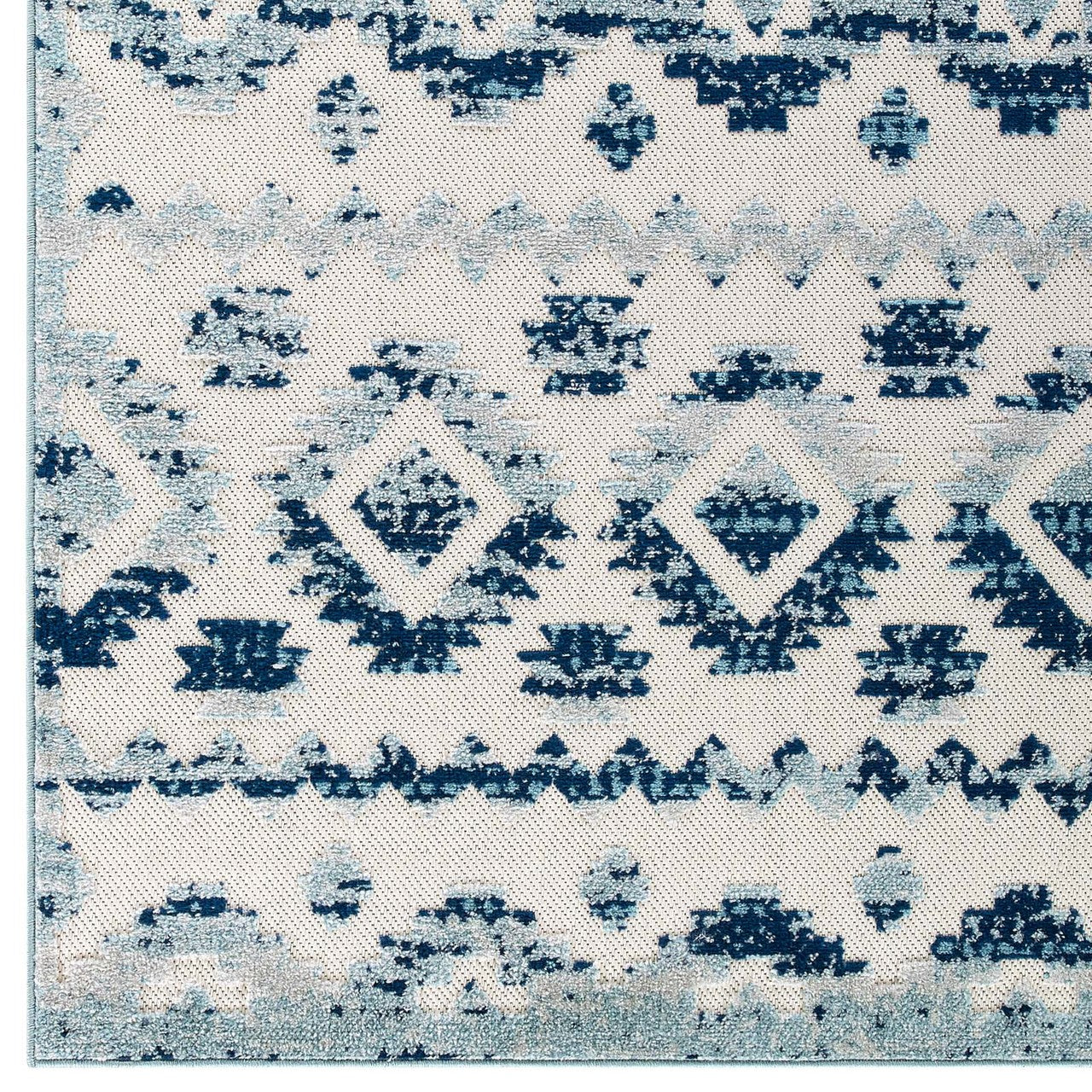 Reflect Takara Distressed Contemporary Abstract Diamond Moroccan Trellis 8x10 Indoor and Outdoor Area Rug, Fabric, Blue Ivory White 15920