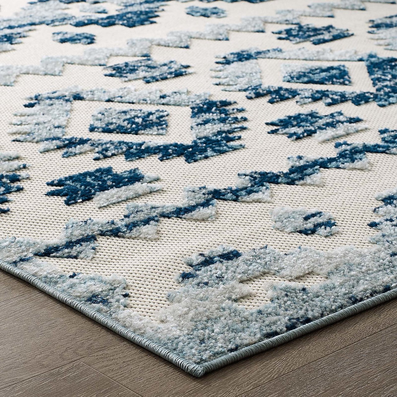 Reflect Takara Distressed Contemporary Abstract Diamond Moroccan Trellis 8x10 Indoor and Outdoor Area Rug, Fabric, Blue Ivory White 15920