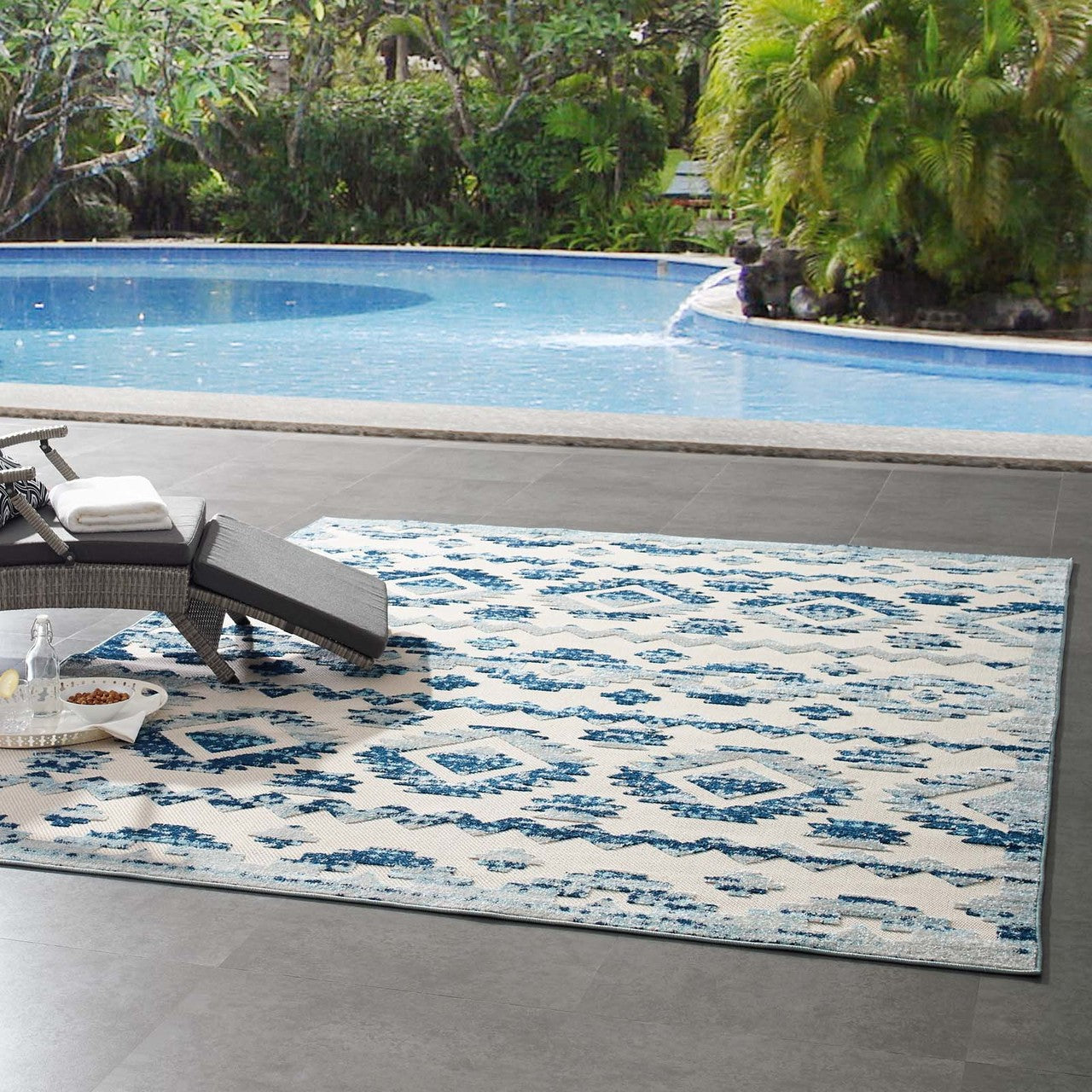 Reflect Takara Distressed Contemporary Abstract Diamond Moroccan Trellis 8x10 Indoor and Outdoor Area Rug, Fabric, Blue Ivory White 15920