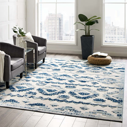 Reflect Takara Distressed Contemporary Abstract Diamond Moroccan Trellis 8x10 Indoor and Outdoor Area Rug, Fabric, Blue Ivory White 15920